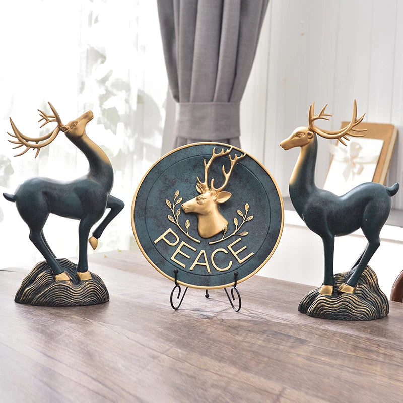 European American Home Accessories Creative Living Room TV Wine Cabinet Ornaments Sculpture Pattern Lucky Deer Entrance Resin