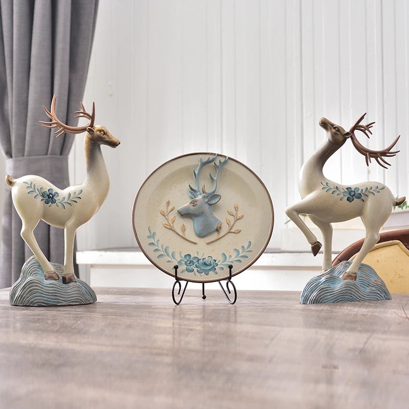 European American Home Accessories Creative Living Room TV Wine Cabinet Ornaments Sculpture Pattern Lucky Deer Entrance Resin